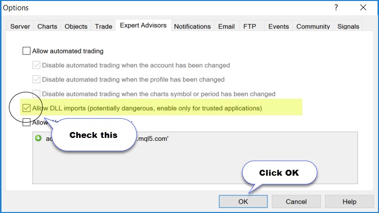 global mt4 dll setting