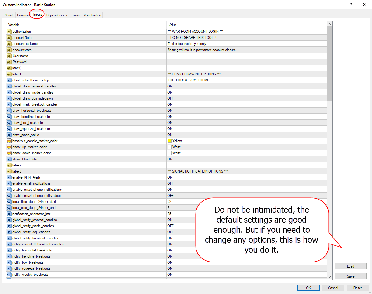 input options edit screen